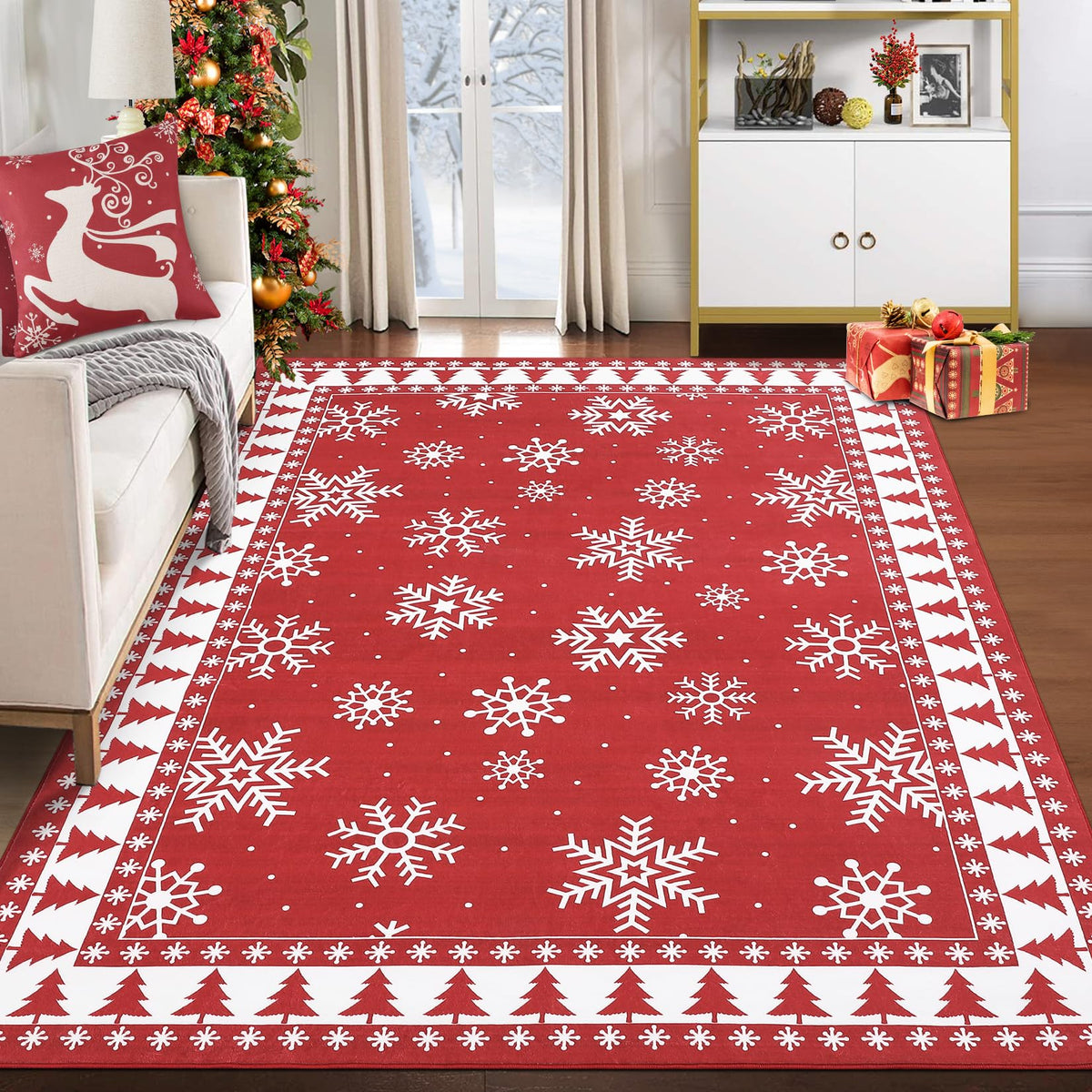 Tapis de Noël moderne Garvee grand format à motif flocons de neige pour salon, chambre, salle à manger, 140 x 200 cm, multicolore