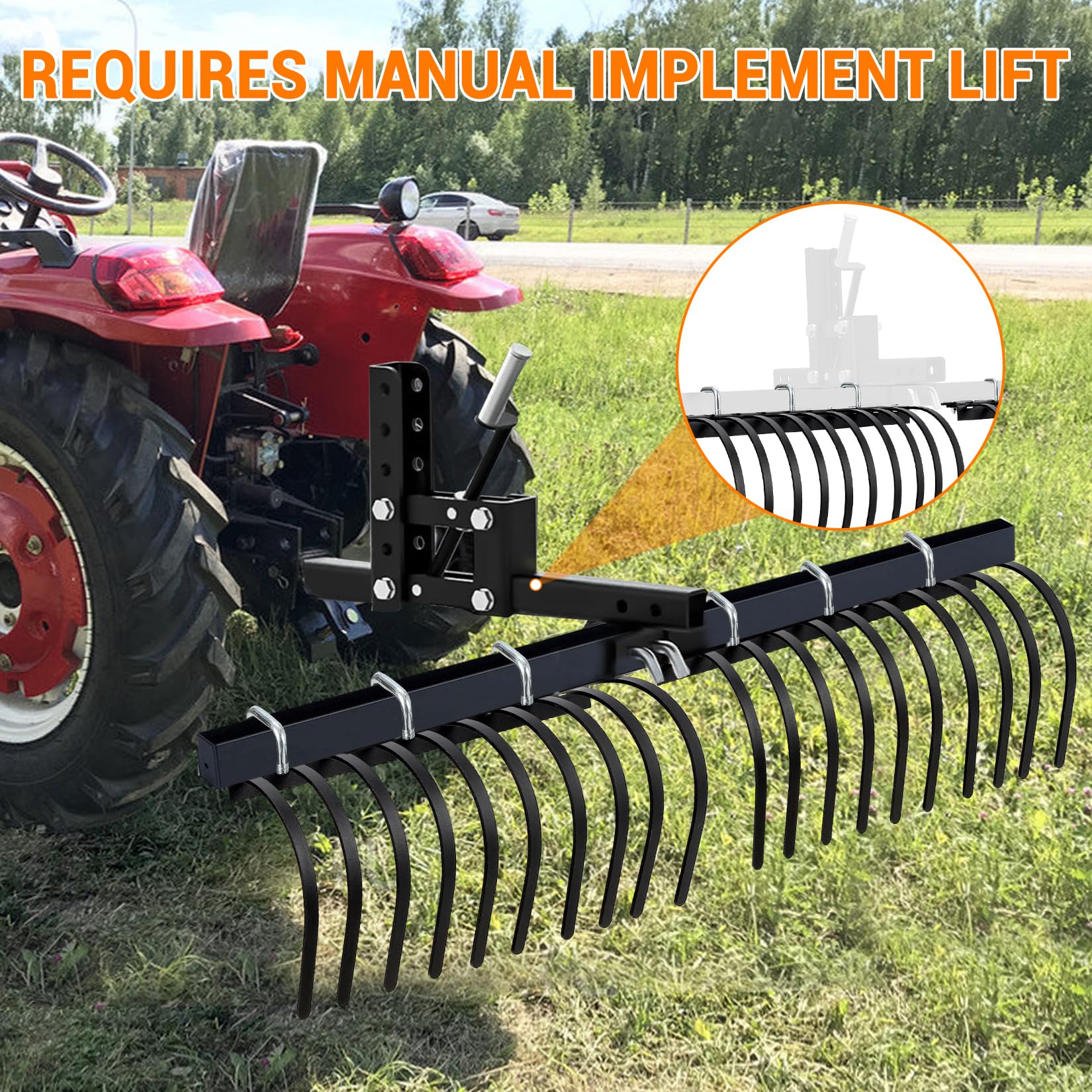 Râteau de jardin Garvee 60 pouces pour tracteur, VTT, UTV, 20 dents en acier, acier au carbone, noir, pour l'aménagement paysager
