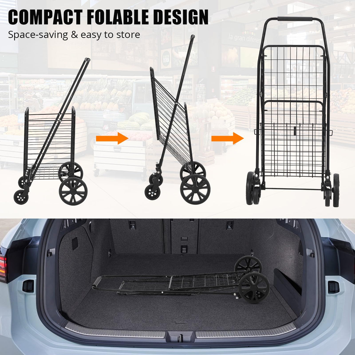 Chariot de courses pliable Garvee, capacité de 50 kg, roues pivotantes à 360°, panier de 83 litres, acier allié, léger, idéal pour les courses et les pique-niques, pliable, gris
