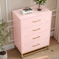 Commode Garvee à 4 tiroirs, poignées en métal, rose, bois, pieds en métal robustes, gain de place, pour salon et bureau