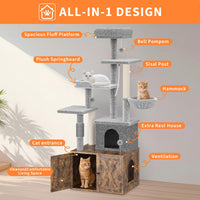 Meuble pour chat Garvee 2-en-1 avec arbre à chat et cachette pour litière, bois moderne, brun rustique, usage intérieur, gain de place, confortable