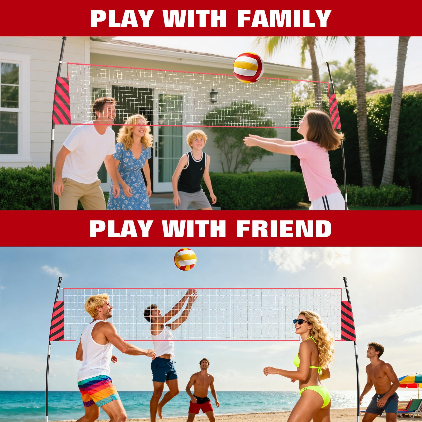 Filet de volley-ball Garvee 3,65 m (12 pi) à hauteur réglable, portable, avec poteaux en fibre de verre et filet 3 couches résistant aux déchirures, idéal pour la plage et le jardin.