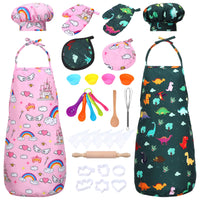 Garvee Ensemble de cuisine et pâtisserie pour enfants,2pièces avec toque et tablier rose et vert,accessoires pour jeux d’imitation et cadeaux