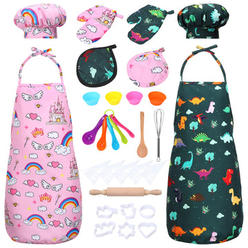Garvee Ensemble de cuisine et pâtisserie pour enfants,2pièces avec toque et tablier rose et vert,accessoires pour jeux d’imitation et cadeaux