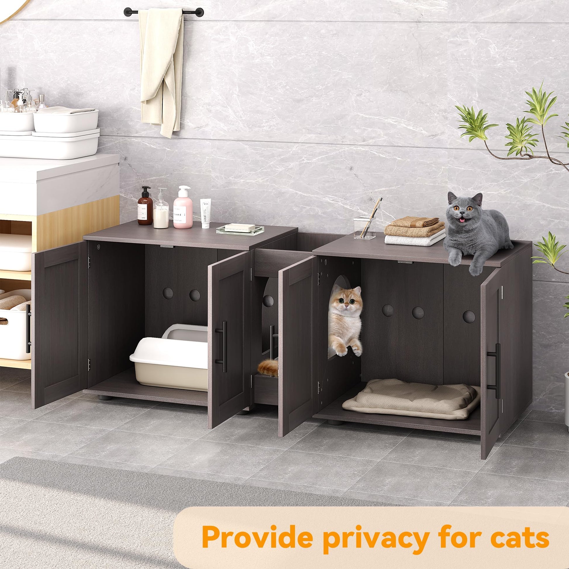 Garvee Meuble cache-litière 3-en-1 à double compartiment avec portes de grange, maison pour chat, coloris noyer