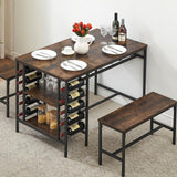 Ensemble table et chaises Garvee pour 4 personnes avec casier à vin et rangement, structure robuste en métal et bois, gain de place, forme rectangulaire, idéal pour les petites pièces