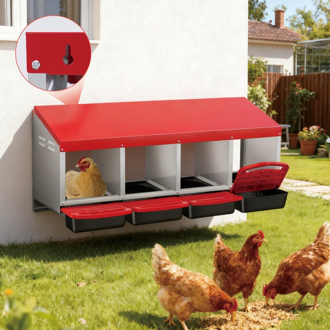 Garvee Nichoir à Poules 4 Compartiments en Métal Galvanisé avec Poignée en Plastique, Plateau Amovible, Antirouille pour Poulailler, Rouge