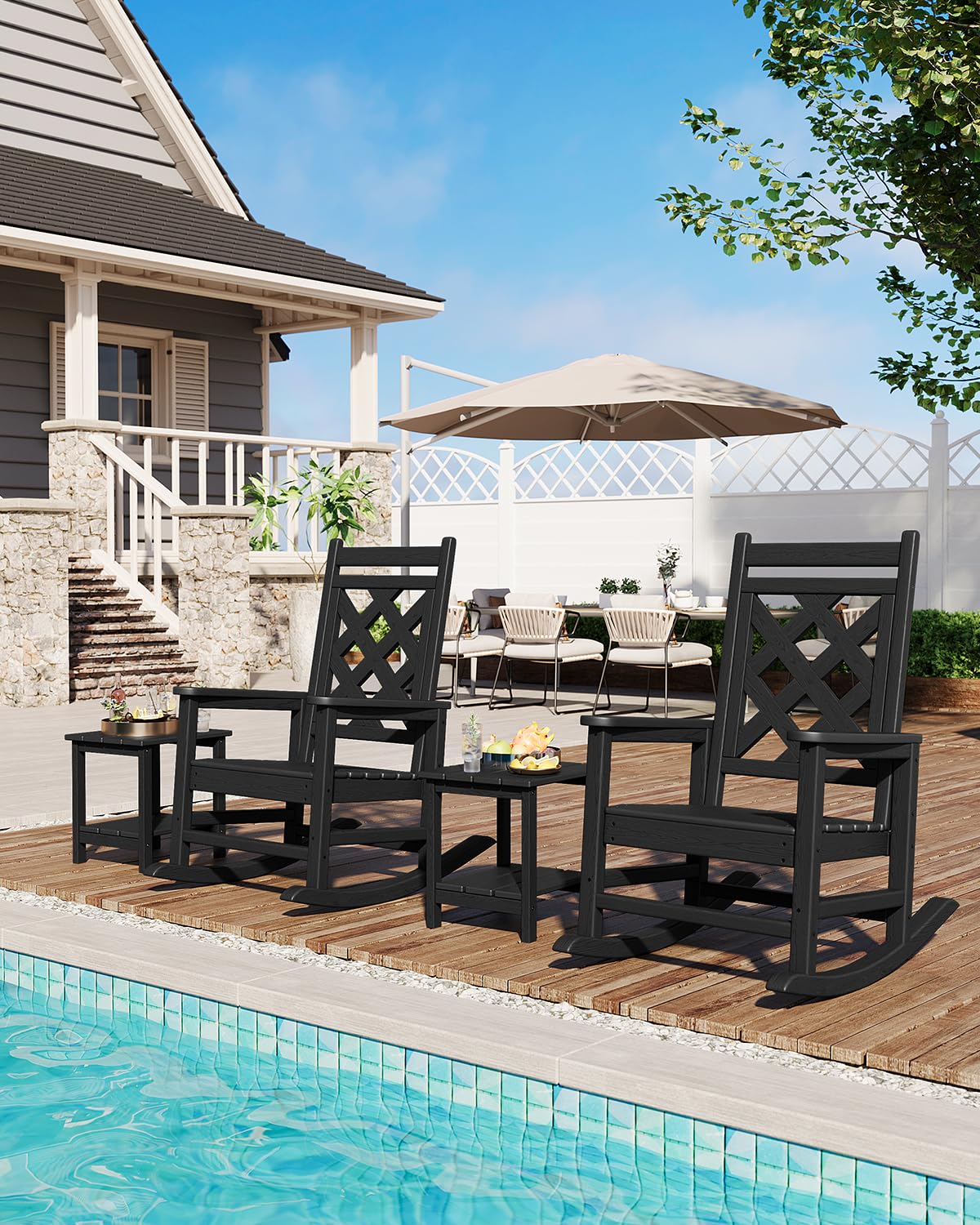 Fauteuil à bascule d'extérieur Garvee en PEHD imitation bois pour terrasse et jardin, capacité de charge de 172 kg, ergonomique, robuste et résistant aux intempéries