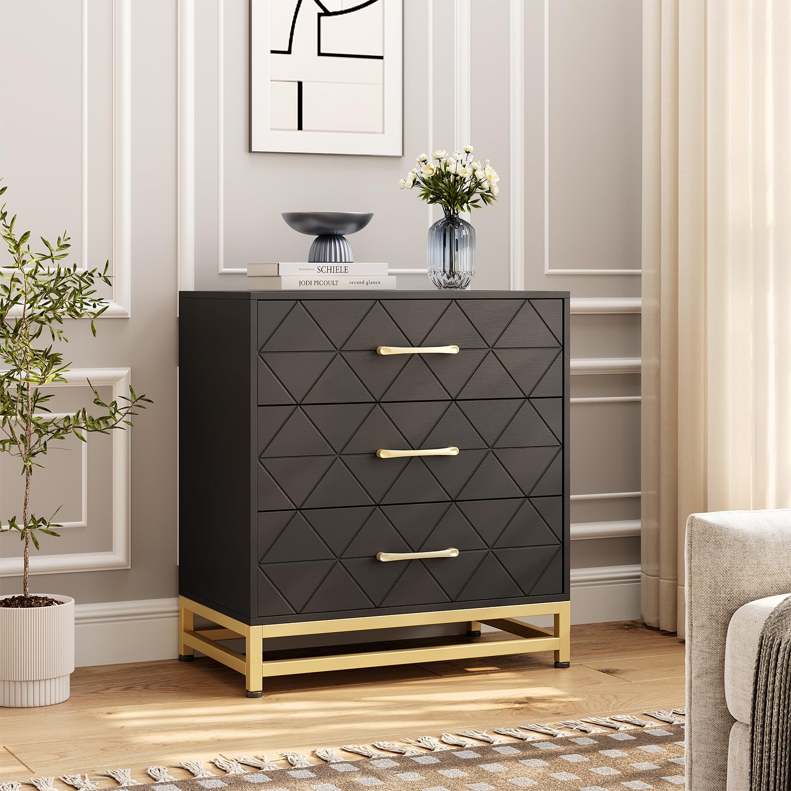 Garvee commode en bois pour chambre, 3 tiroirs, MDF, noir, moderne, robuste, gain de place, salon, couloir