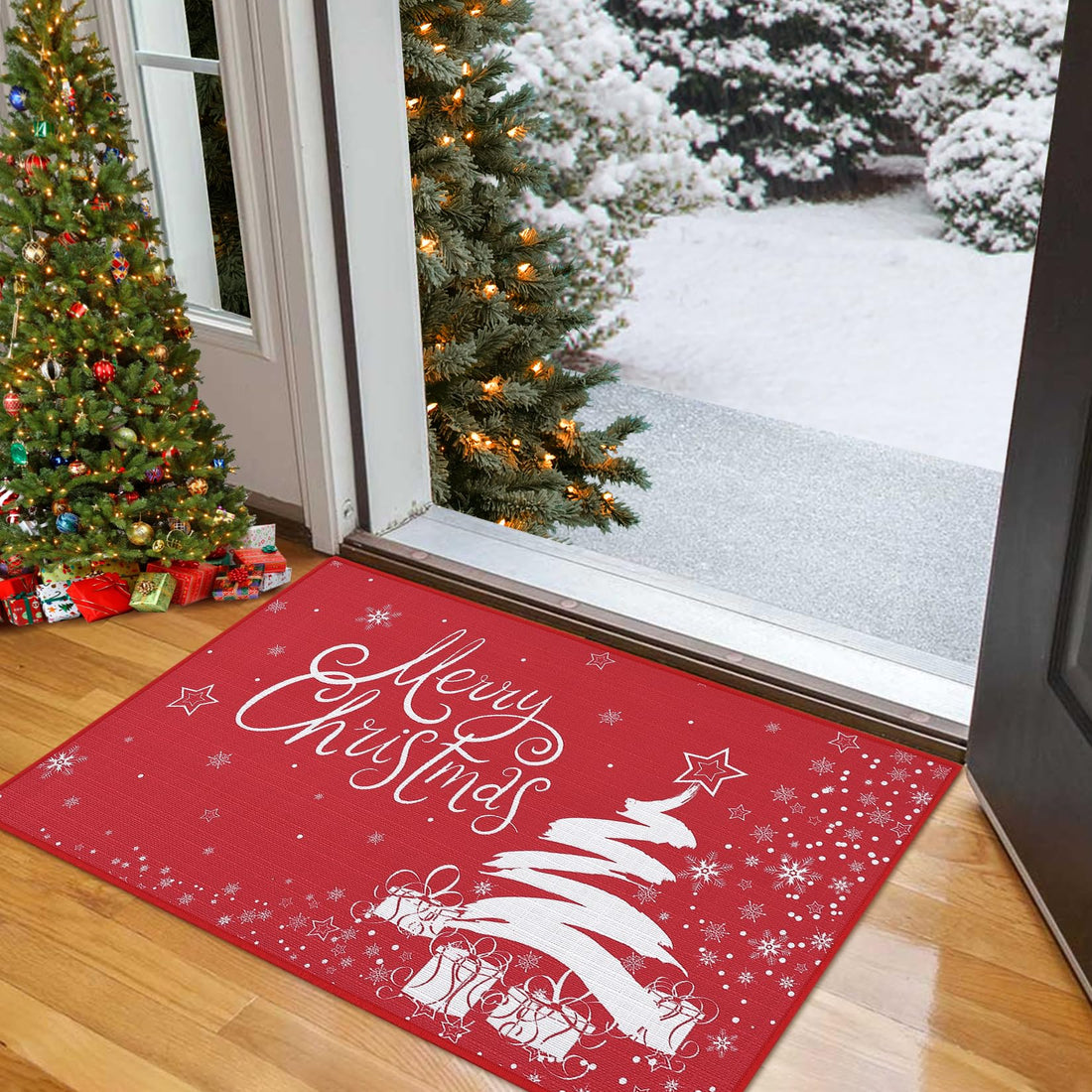 Garvee Kerst Deurmat Xmas Rouge Sapin de Noël et Flocons de Neige Antidérapant 40 x 60 cm Intérieur Extérieur