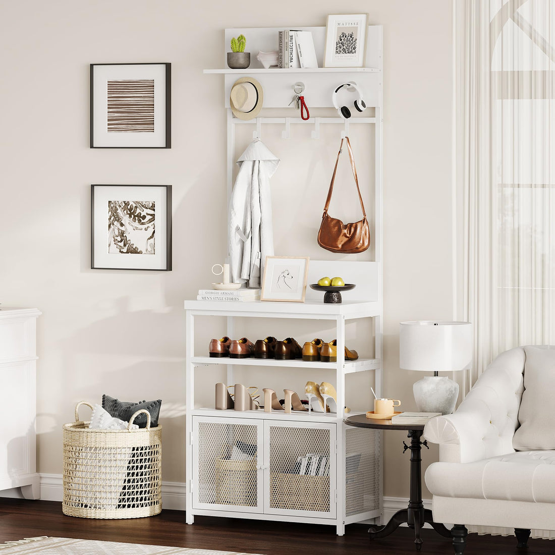 Armoire-penderie Garvee Hall Tree avec portes, blanche, 185 cm - 7 crochets et étagère à chaussures pour couloir, chambre, entrée - MDF et métal - Pieds anti-basculement et réglables