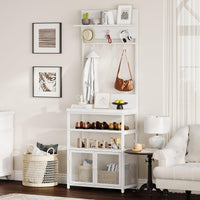 Armoire-penderie Garvee Hall Tree avec portes, blanche, 185 cm - 7 crochets et étagère à chaussures pour couloir, chambre, entrée - MDF et métal - Pieds anti-basculement et réglables