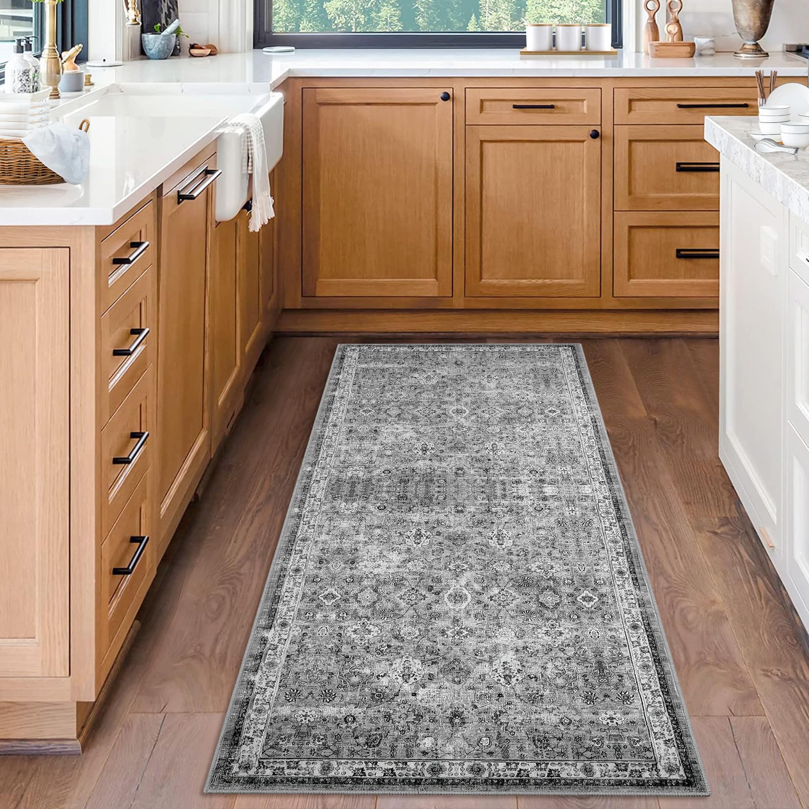 Tapis de couloir antidérapant à poils courts Garvee Boho pour cuisine, entrée, chambre, salon, 80 x 150 cm, gris vintage