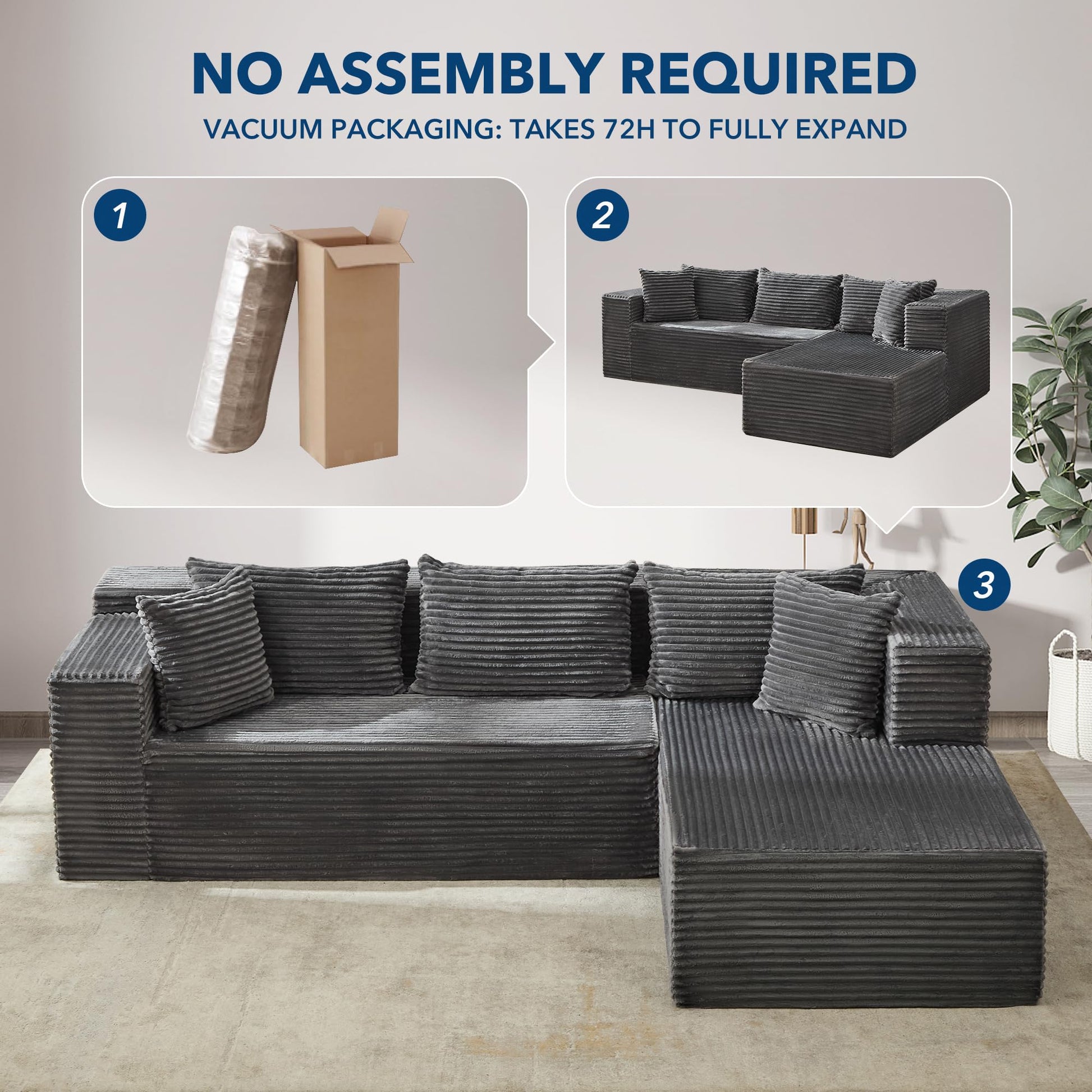 Canapé d'angle modulaire Garvee Cloud 269 cm - Moelleux et confortable - Canapé en L - Tissu de haute qualité - Coussin d'assise profond - Salon et séjour - Gris