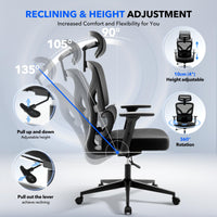 Chaise de bureau ergonomique Garvee en maille avec soutien lombaire réglable, accoudoirs 3D, structure en métal, dossier haut, pivotante, pour bureau et télétravail, noire