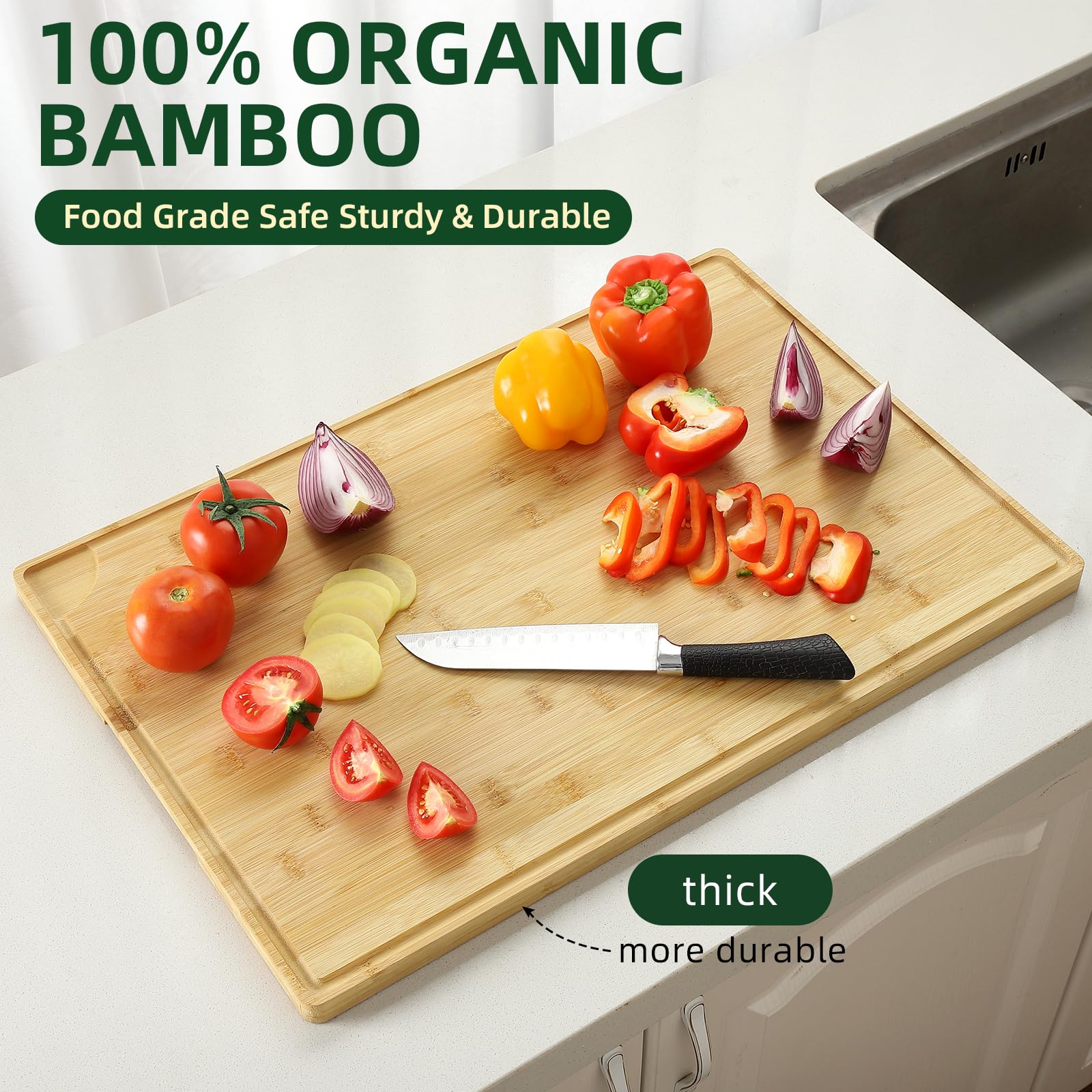 Planche à découper en bambou Garvee 61 x 41 cm avec rainure juteuse pour la cuisine et la préparation des aliments, robuste, polyvalente, couleur bois