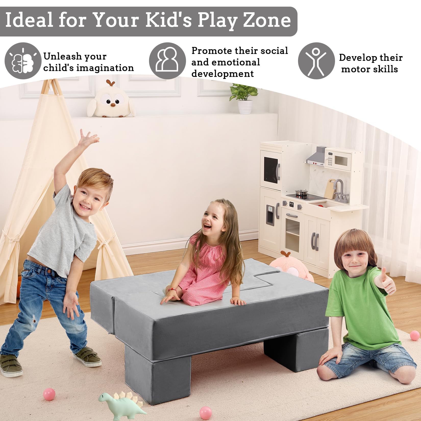 Canapé de jeu Garvee pour enfants, 6 pièces, modulaire, en mousse haute densité, housse amovible en microfibre, gris foncé, pour salle de jeux et chambre, 100 cm (L) x 50 cm (P) x 40 cm (H)
