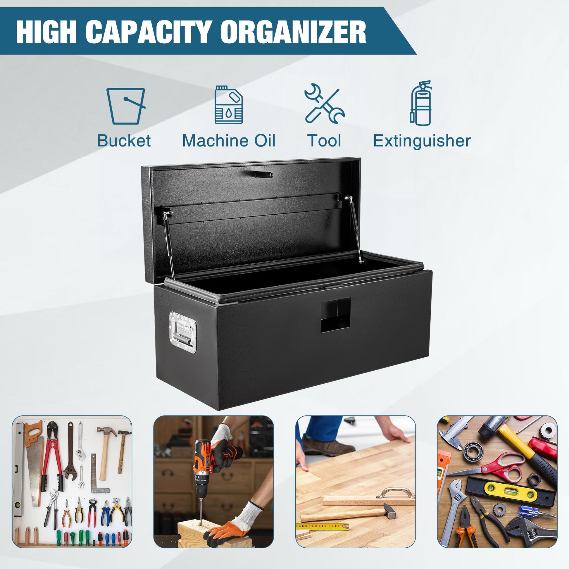 Garvee Coffre à Outils HHF pour Camion, Couvercle Rainuré avec Double Vérin Hydraulique, Format Compact 38 × 38 × 76 cm, Noir