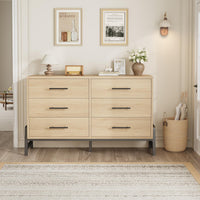 Commode Garvee, 6 tiroirs, 132 cm de large, grand espace de rangement, meuble en bois autoportant, chêne naturel, chambre, salon
