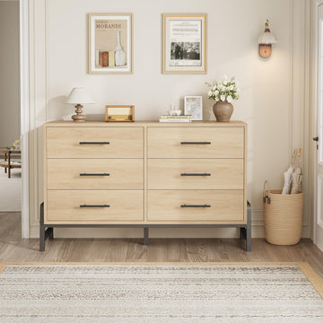 Commode Garvee, 6 tiroirs, 132 cm de large, grand espace de rangement, meuble en bois autoportant, chêne naturel, chambre, salon