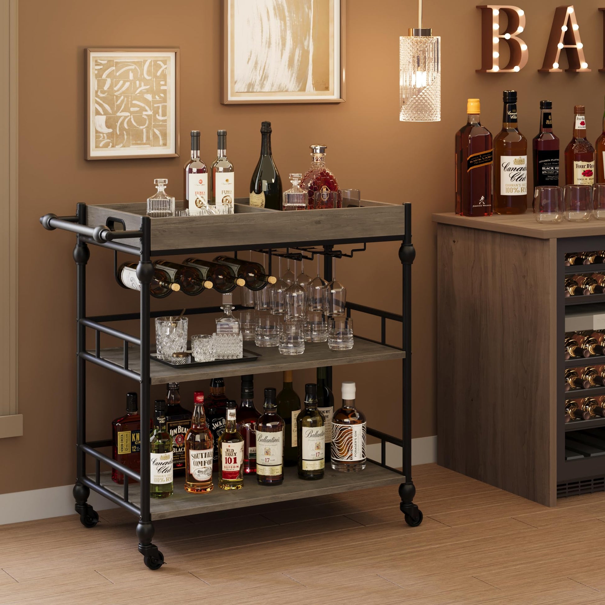 Garvee Chariot à boissons industriel gris avec roues, 3 niveaux, plateau amovible, support pour verres et range-bouteilles, pour salon et salle à manger