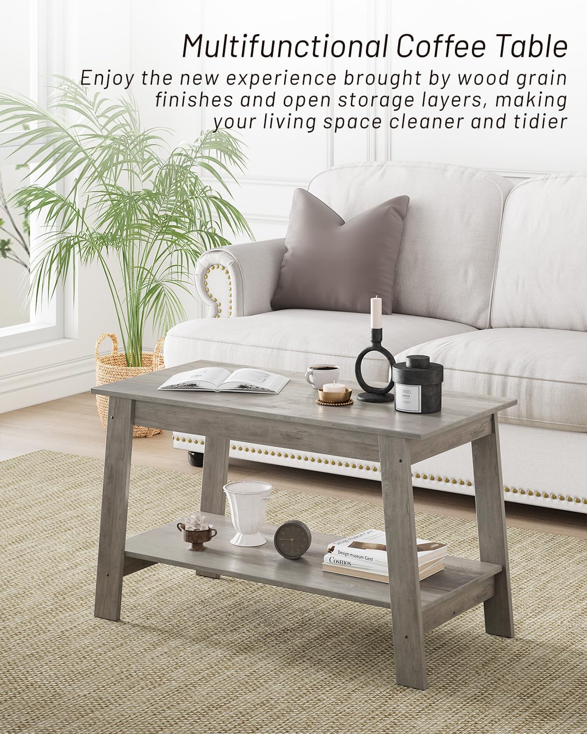 Garvee table basse industrielle 80 cm à 2 niveaux, bois rustique gris, idéale pour le salon et la chambre, gain de place et stable