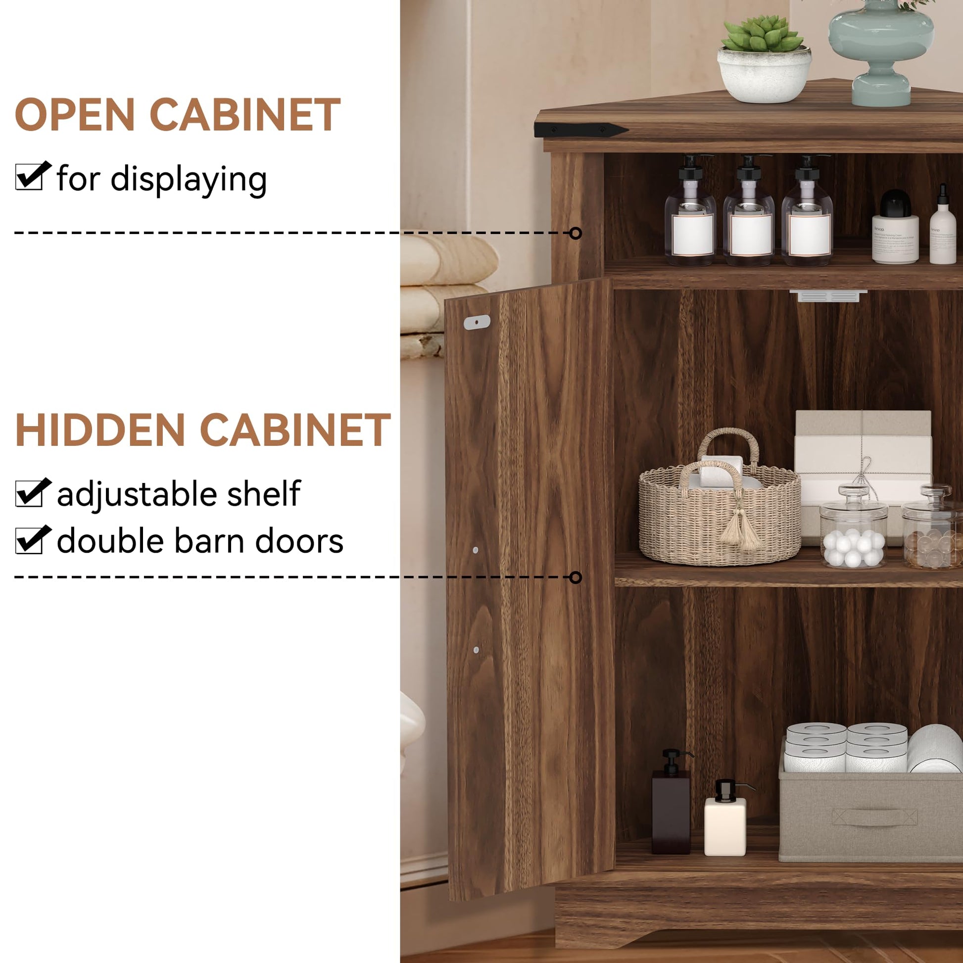 Meuble de salle de bain d'angle Garvee avec portes coulissantes de style grange, étagères réglables, MDF, grand espace de rangement, conception robuste, marron, idéal pour les petits espaces
