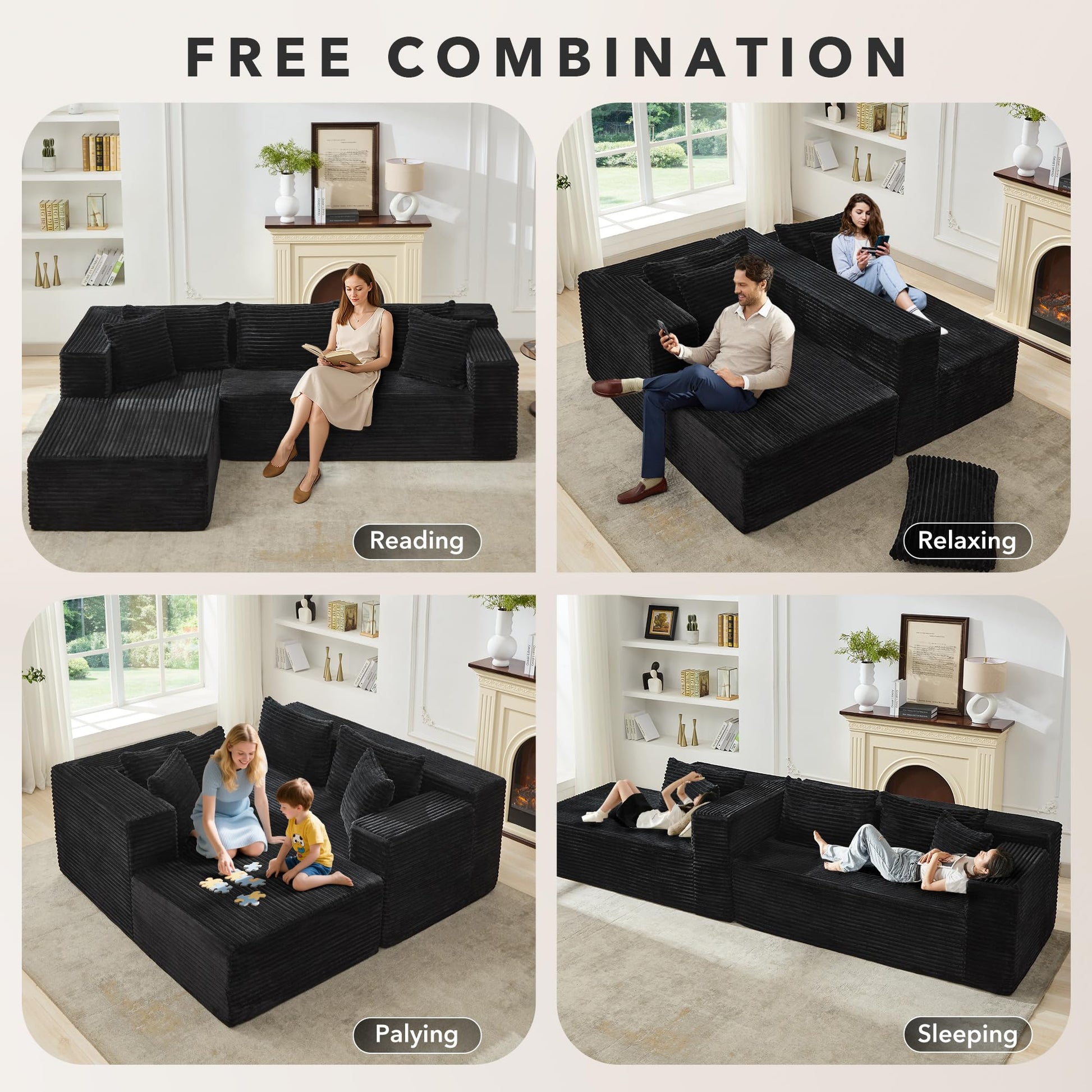Canapé d'angle Garvee Cloud 106" avec méridienne en L, revêtement en velours côtelé, modulable, pour salon ou chambre, confort d'assise profond, beige
