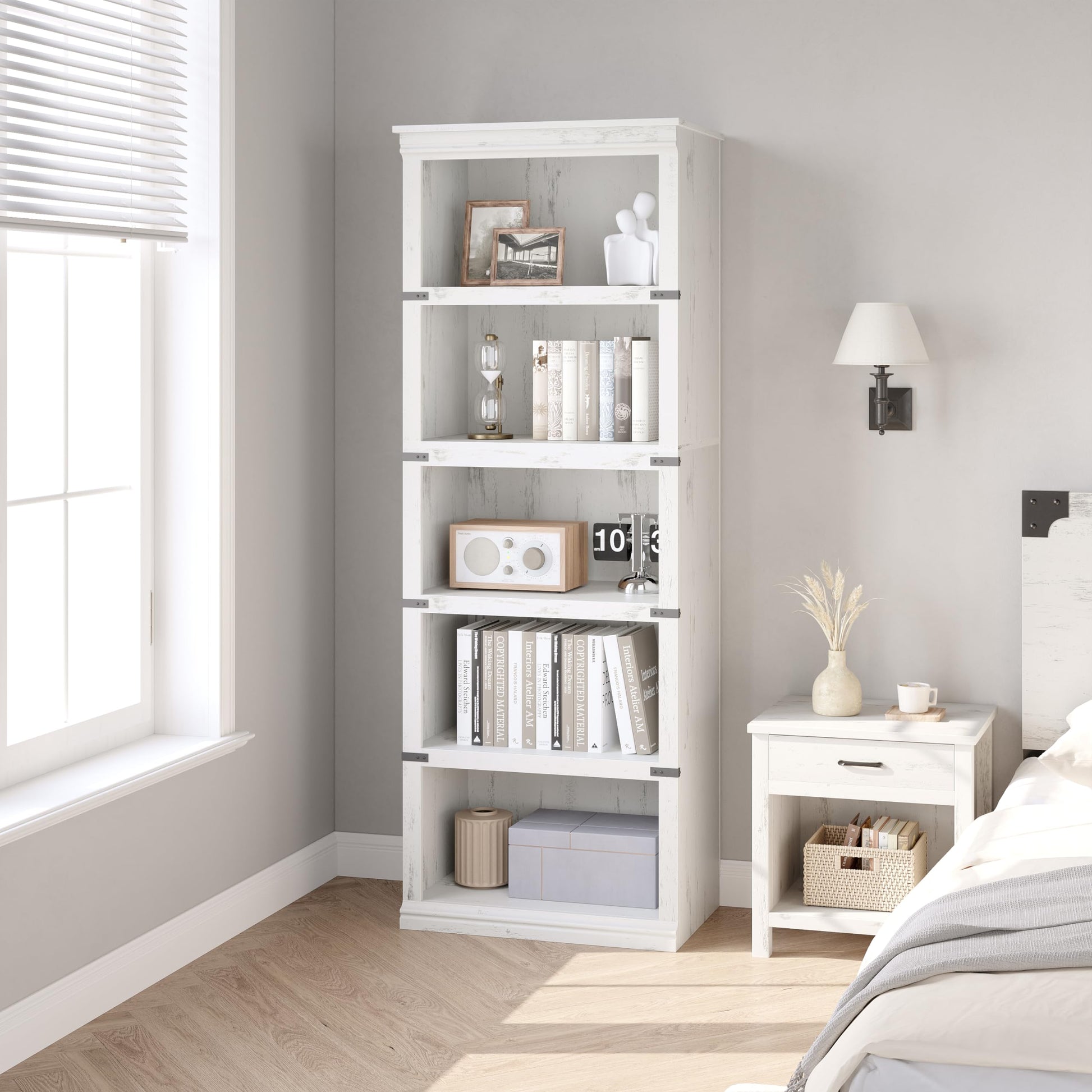 Garvee bibliothèque haute 62 × 32 × 171 cm, 4 niveaux ouverts, finition blanche, style industriel