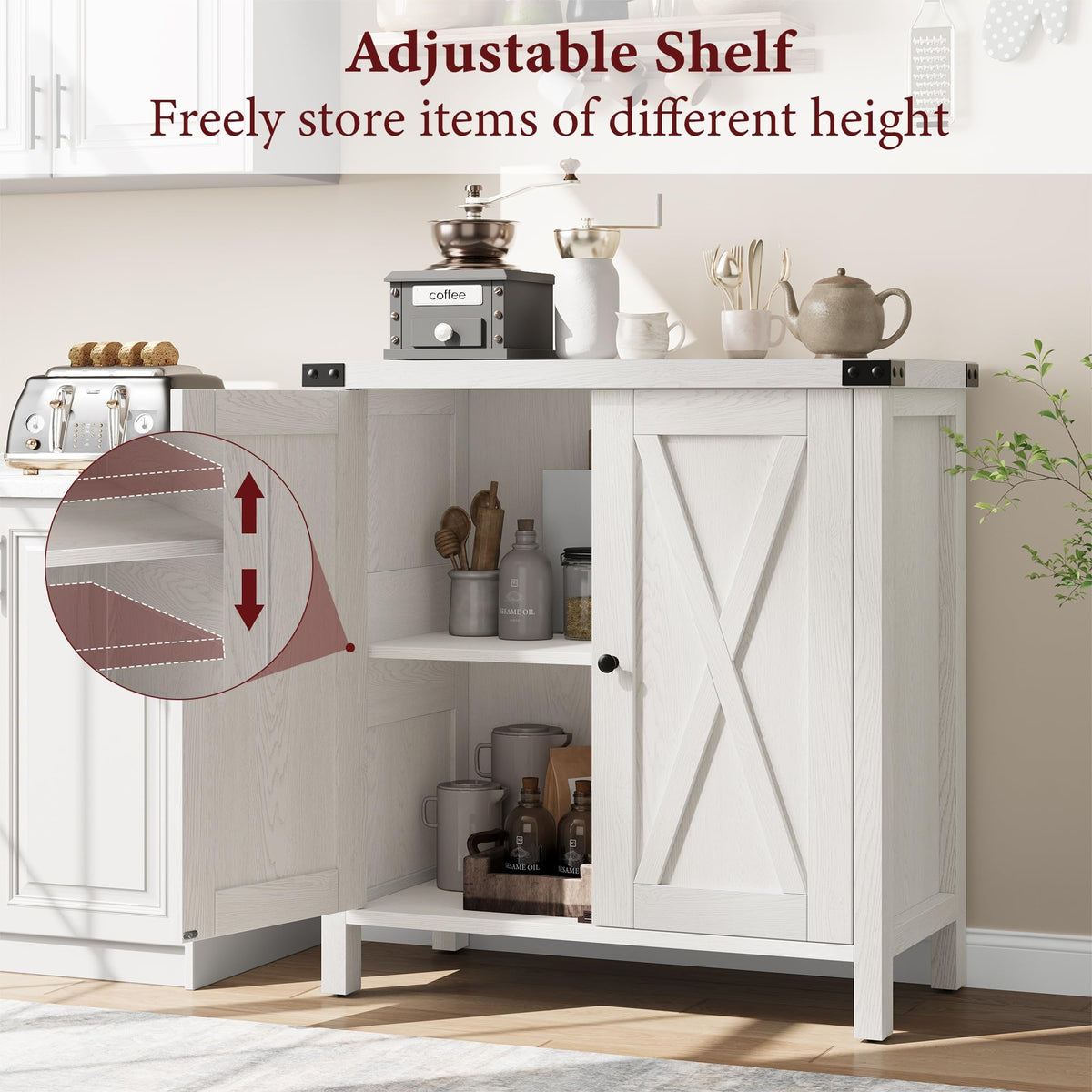 Garvee buffet de style campagne avec 2 portes, étagères réglables, MDF, blanc, pour le salon et la salle à manger, robuste et polyvalent, 76 × 40 × 80 cm