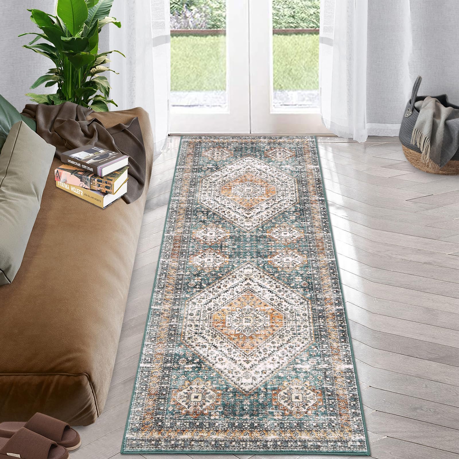Tapis de couloir vintage Garvee, lavable, antidérapant, motif médaillon floral, vert, 60 x 230 cm, Allemagne