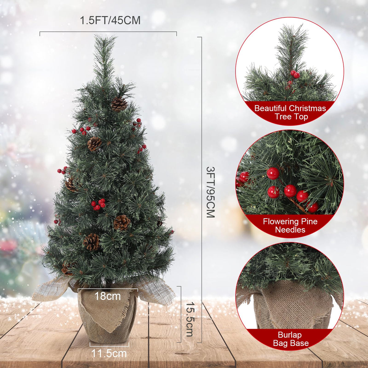 Garvee sapin de Noël artificiel 95 cm avec 70 LED et base en jute, rouge, pour petits espaces