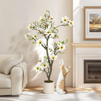 Garvee Plante artificielle de magnolia 150 cm en pot blanc, réaliste et durable, pour maison et bureau