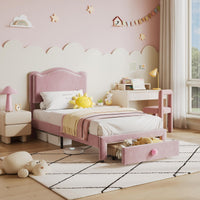 Cadre de lit Garvee pour lit simple capitonné avec rangement et tête de lit coquillage pour chambre d'enfant, rose, tiroir de 65 x 43 cm, espace sous le lit de 16 cm