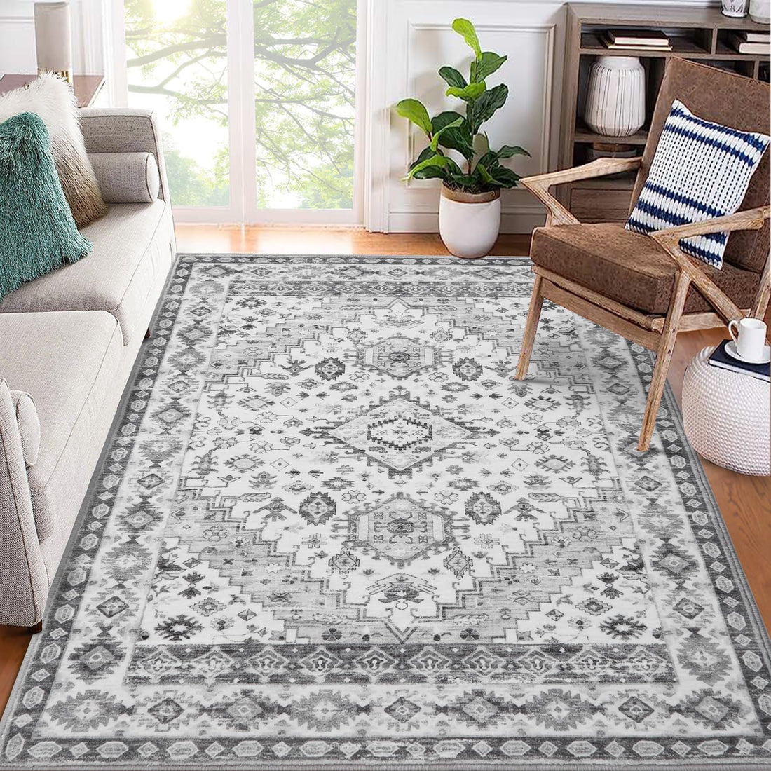 Tapis de couloir Garvee Boho 120x170 cm Antidérapant, style oriental vintage, gris, pour salon, chambre ou couloir