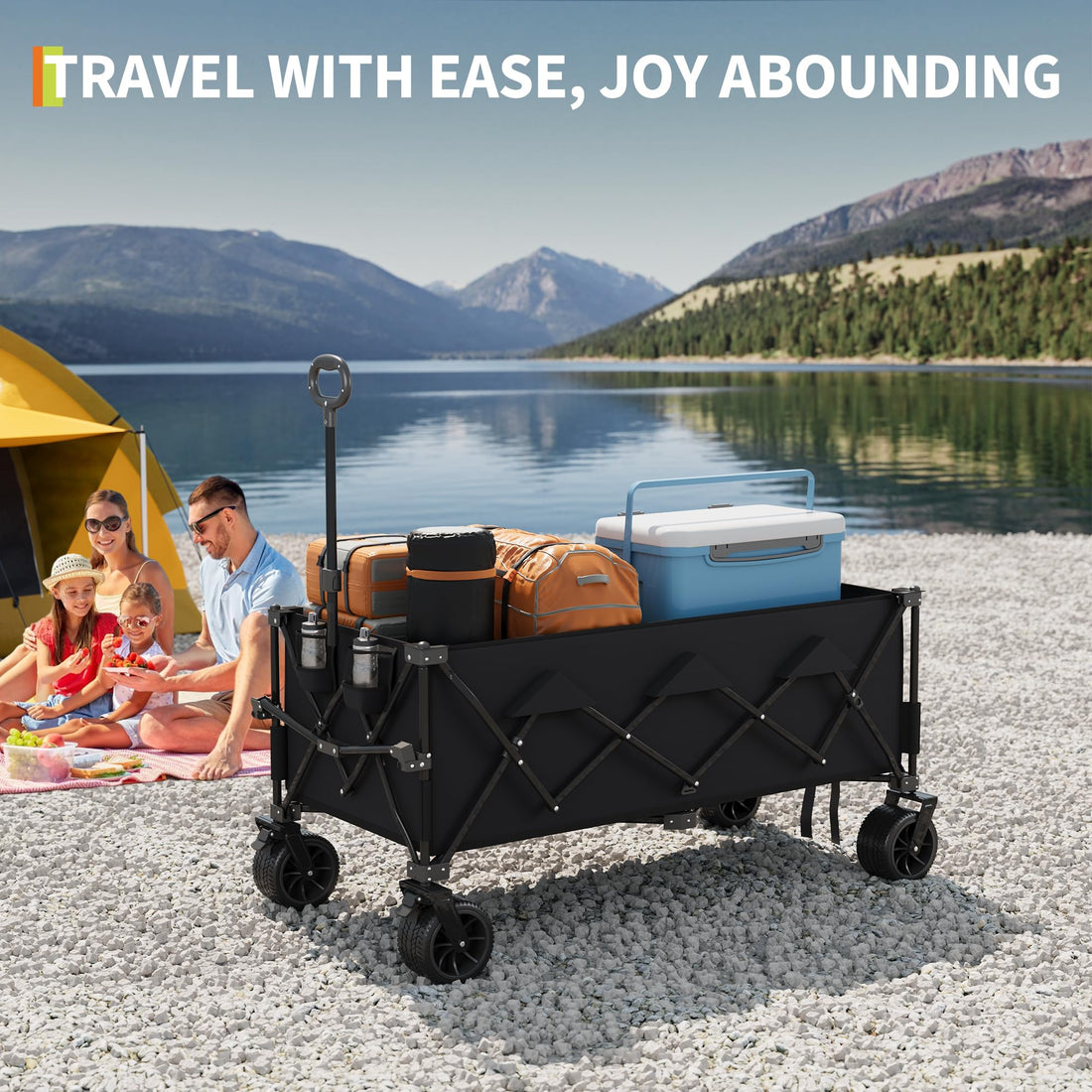 Garvee Chariot de plage pliable avec roues tout-terrain, cadre en acier, charge 159 kg, pour la plage et l'extérieur, pliable, noir
