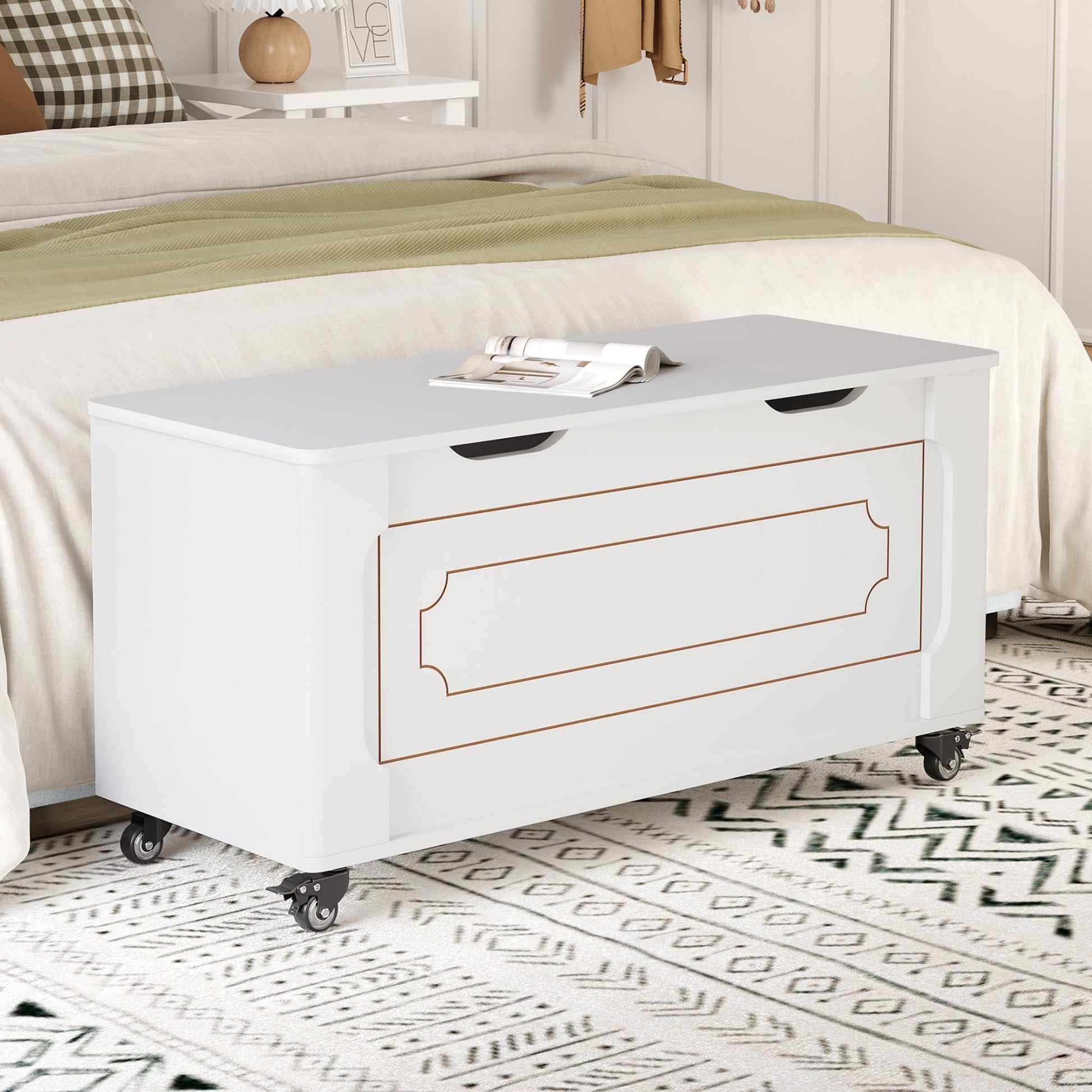 Coffre de rangement Garvee avec 4 roues, 2 charnières de sécurité, banc en bois de 100 cm (39,4 po), capacité de charge de 159 kg (350 lb), blanc, polyvalent pour le salon et le couloir.