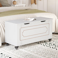 Coffre de rangement Garvee avec 4 roues, 2 charnières de sécurité, banc en bois de 100 cm (39,4 po), capacité de charge de 159 kg (350 lb), blanc, polyvalent pour le salon et le couloir.