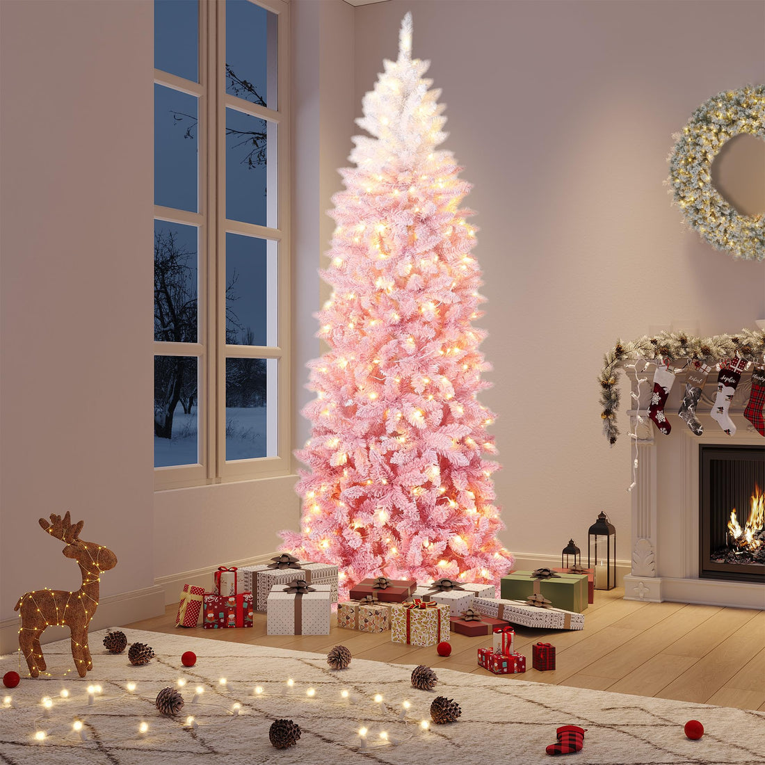 Sapin de Noël étroit Garvee de 140 cm avec 100 LED bicolores (blanc chaud et couleurs vives) pour la décoration du salon, de la maison, du bureau et des fêtes.