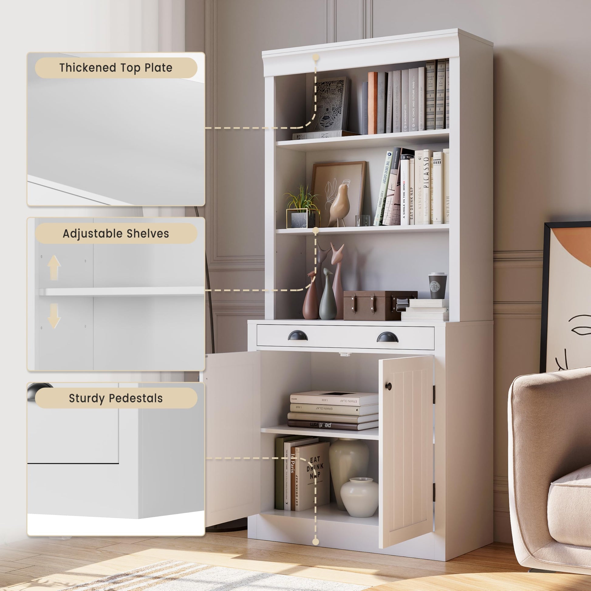 Garvee bibliothèque de 180 cm de haut avec tiroir, 5 niveaux, étagères réglables, bois, portes à persiennes, blanche, pour salon et bureau, robuste et polyvalente