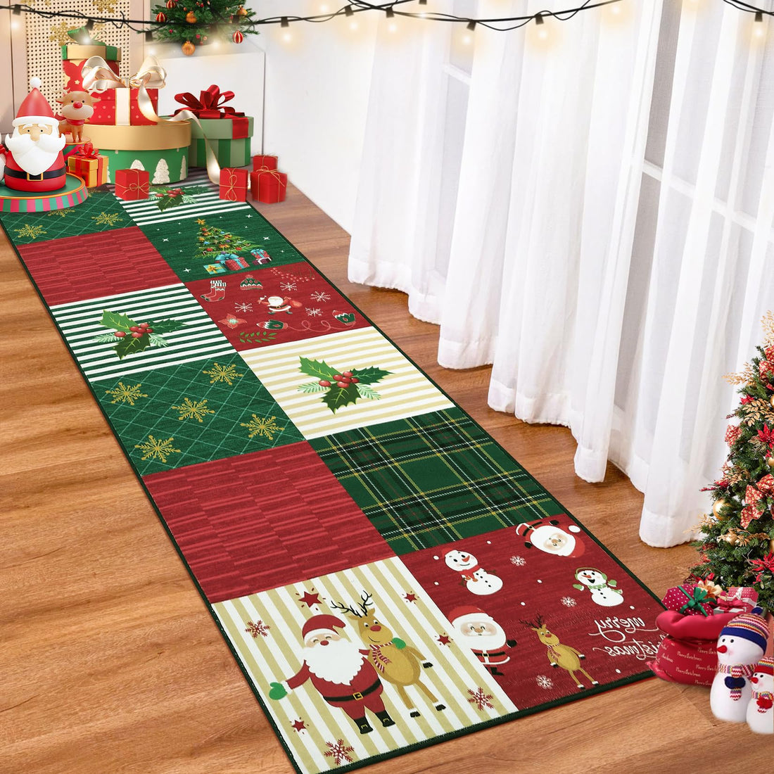 Tapis lavable en machine Garvee, motif sapin de Noël et flocons de neige, pour chambre et salon, 120 x 170 cm, rouge/vert