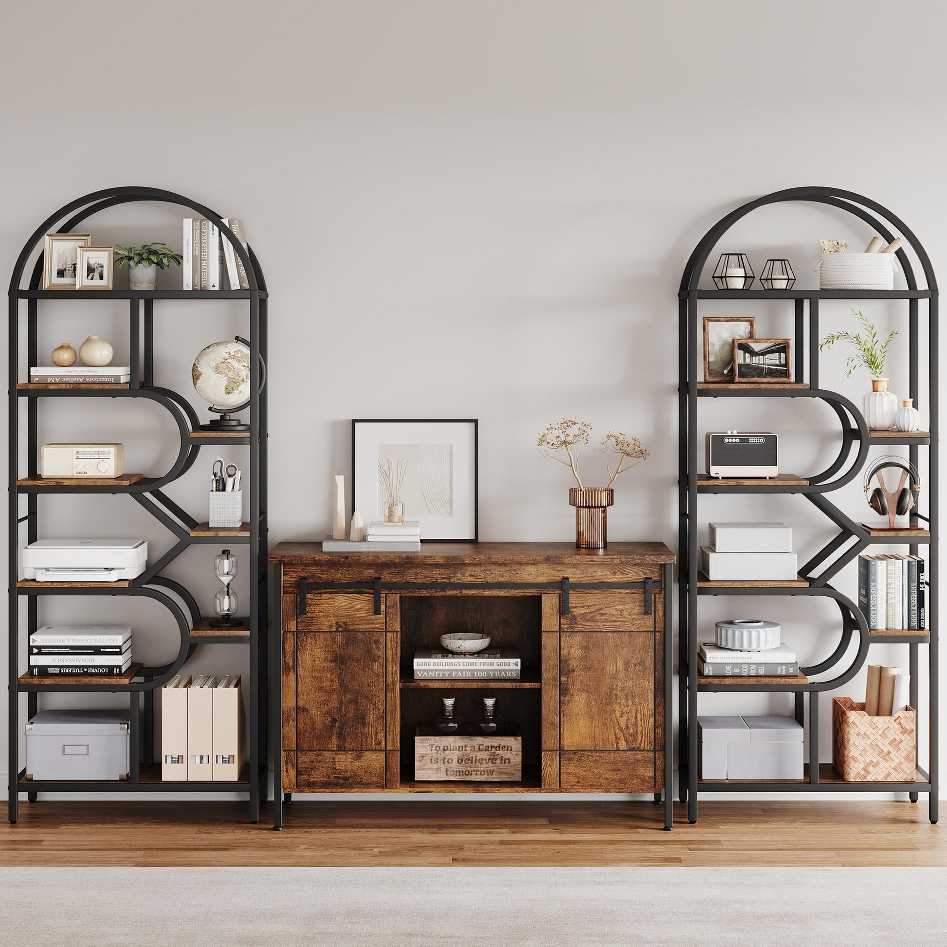 Garvee Bibliothèque à 6 Niveaux au Design Géométrique, Structure en Métal, L. 76 × P. 30 × H. 207,5 cm, Noir, pour Salon et Bureau