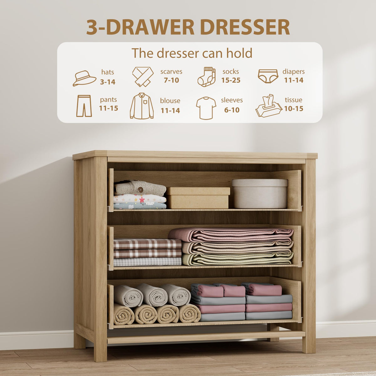 Commode en rotin Garvee 74 cm (29 po) - Bois - 3 tiroirs - Robuste - Grand espace de rangement - Salon - Chambre d'enfant