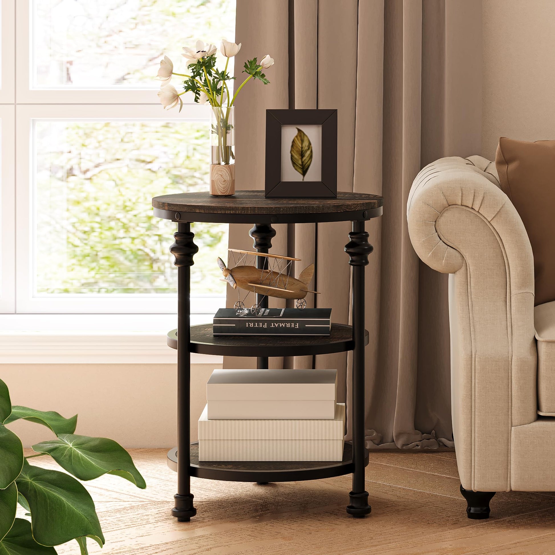 Garvee table d'appoint ronde à 3 étagères, structure en acier, chêne foncé, idéale pour le salon et la chambre, 46 × 46 × 60 cm, résistante et anti-rayures