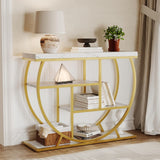 Garvee Console d’Entrée Industrielle à 4 Étagères, Base Ronde, Effet Marbre Blanc et Doré, pour Salon et Couloir - Doré et blanc