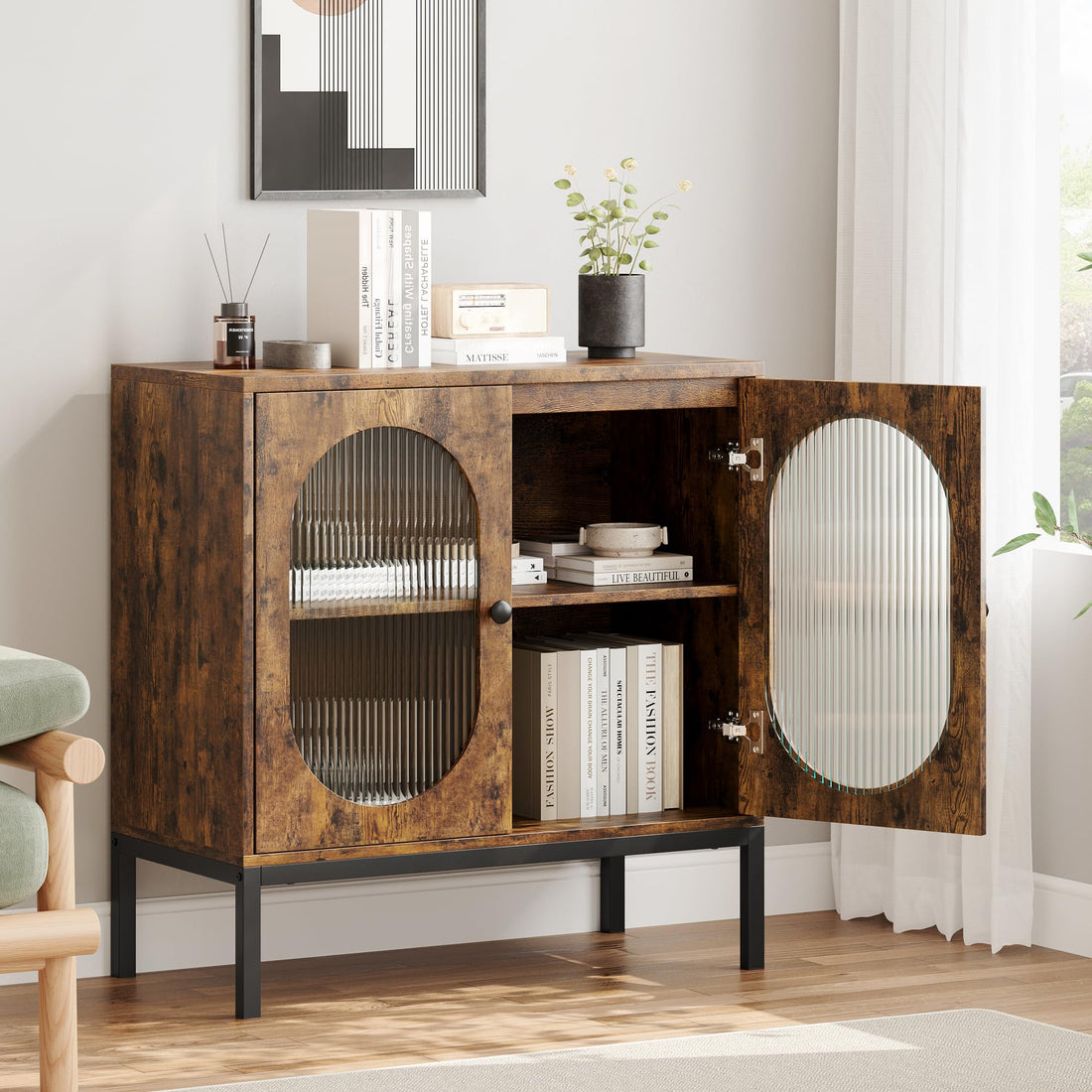 Buffet Garvee 31'' avec façade en verre et étagère réglable pour salon et cuisine, marron rustique