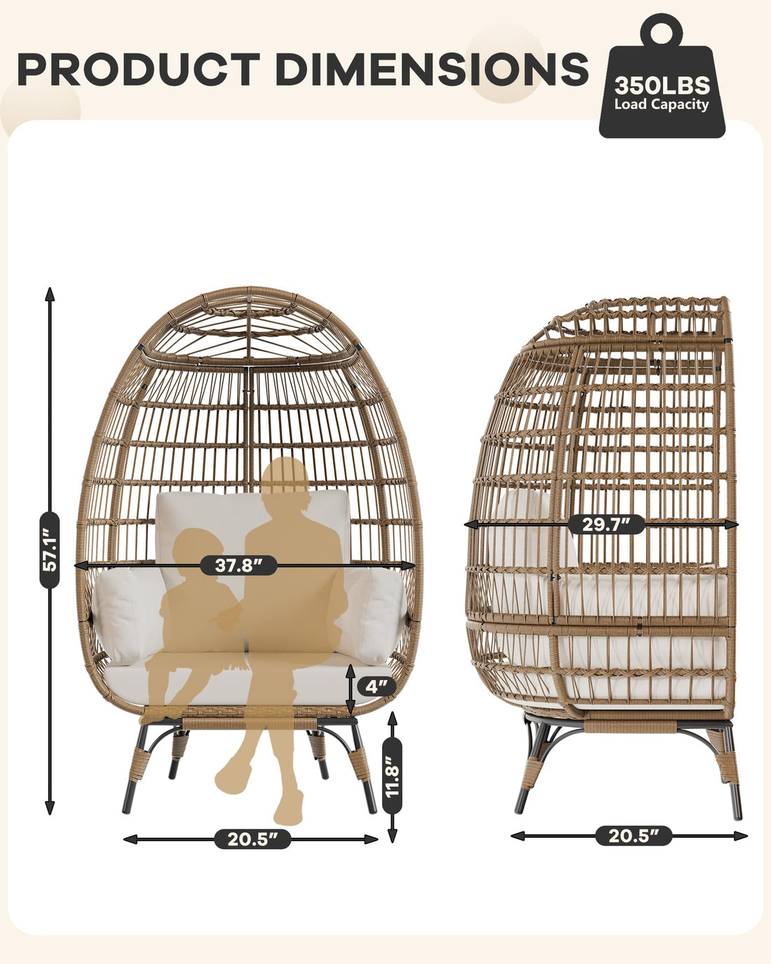 Fauteuil œuf surdimensionné Garvee en résine tressée avec structure en acier, ergonomique, résistant aux intempéries, pour terrasse/salon, compact, élégant, en rotin résistant aux UV, 4 coussins