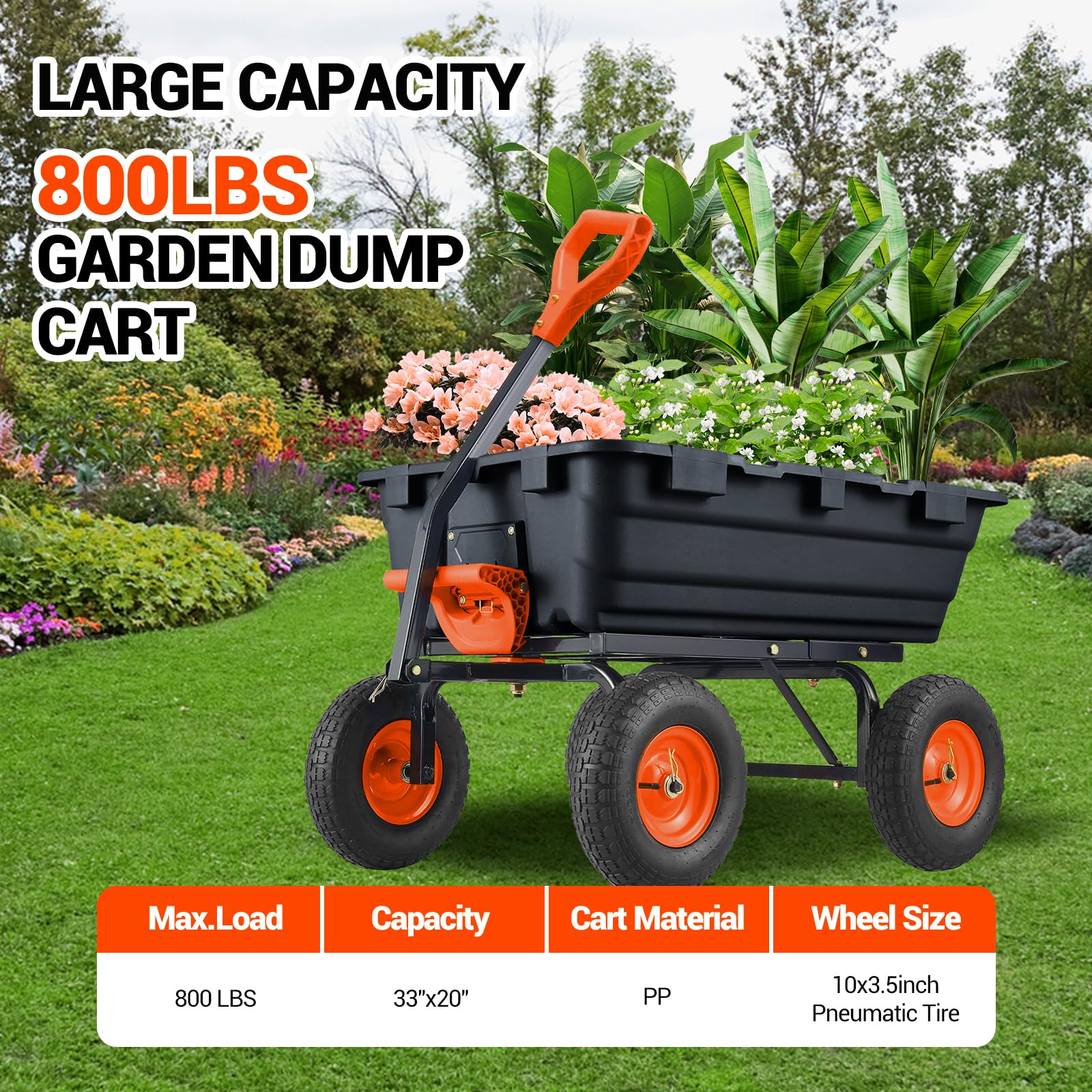 Garvee Chariot-benne de jardin 363 kg, cadre en acier robuste, roues tout-terrain 25,4 cm, benne grillagée pour jardin, ferme et travaux extérieurs