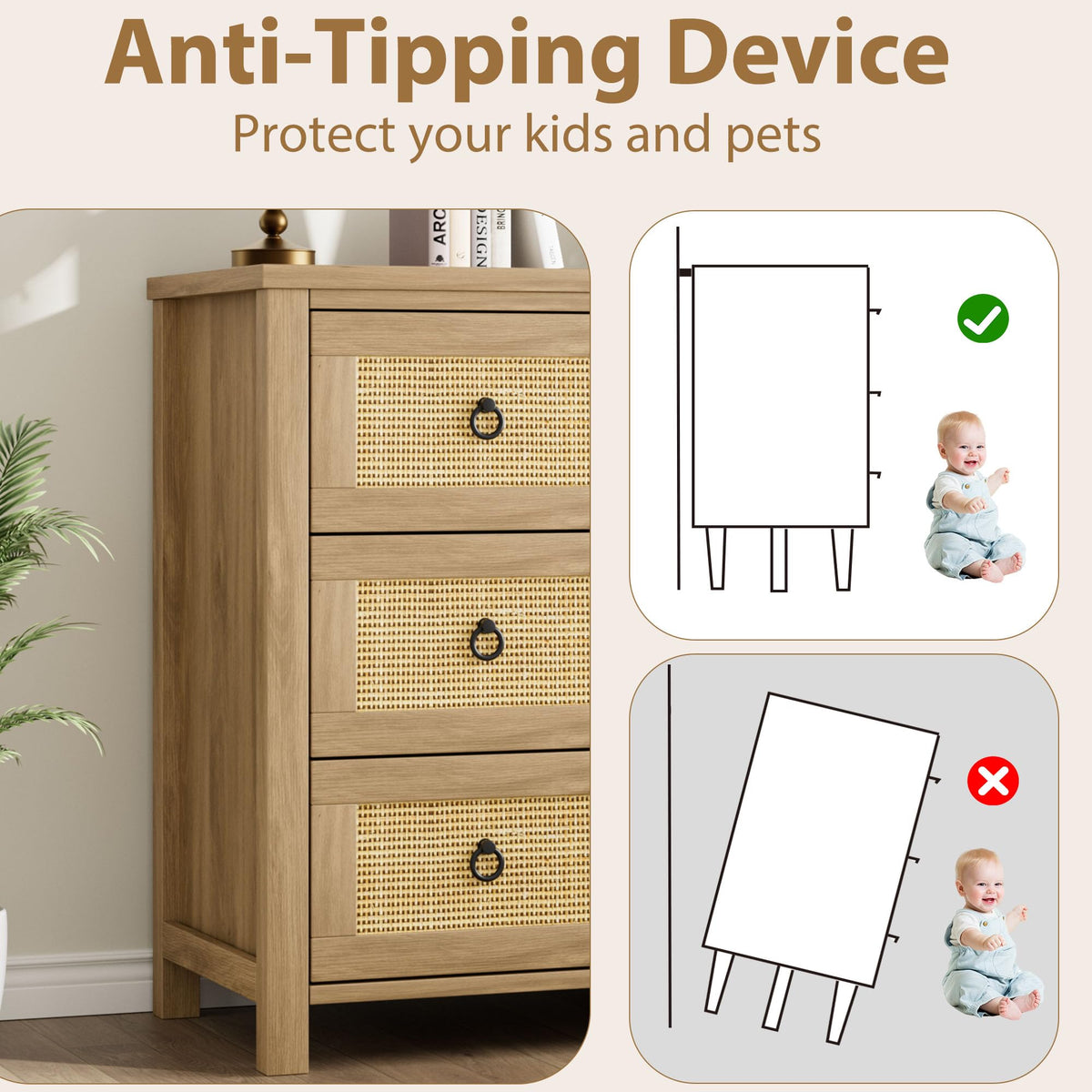 Commode en rotin Garvee 74 cm (29 po) - Bois - 3 tiroirs - Robuste - Grand espace de rangement - Salon - Chambre d'enfant