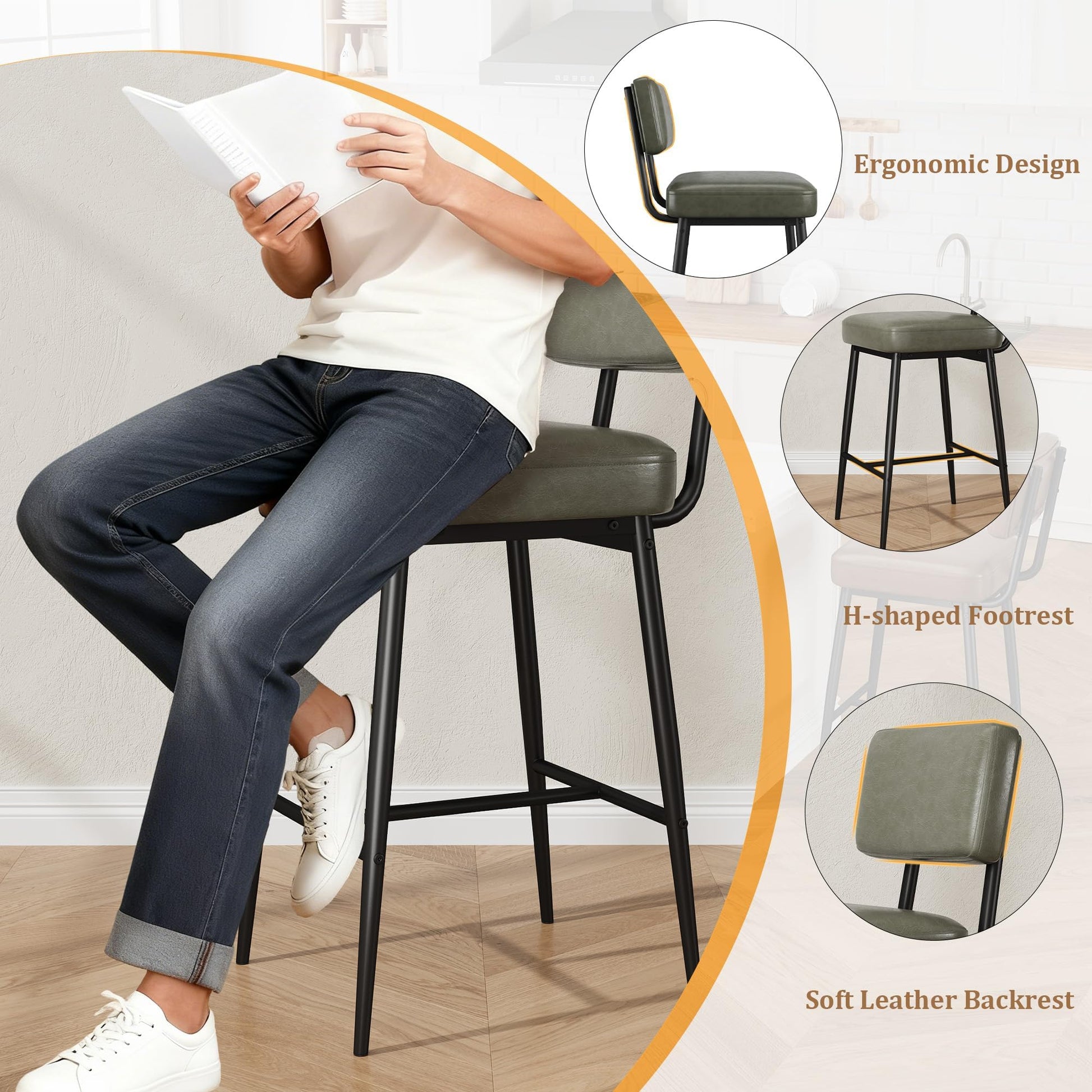 Ensemble de 2 tabourets de bar Garvee, 66 cm (26 po) en similicuir, dossier ergonomique, pieds en métal, style moderne pour îlot de cuisine et bar, noir